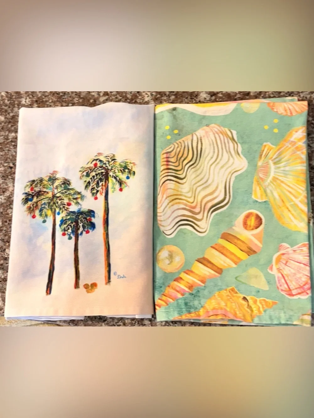 Palm Tree and Seashell Tea Towels Aqua, White, Yellow